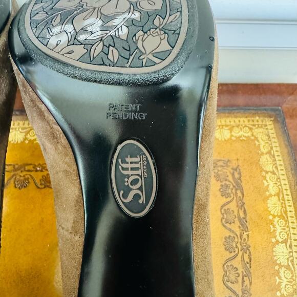 Sofft Rembrandt Taupe Gray Suede Patent Leather Peep Toe Bow Heels Pumps 10 NEW - Picture 9 of 12